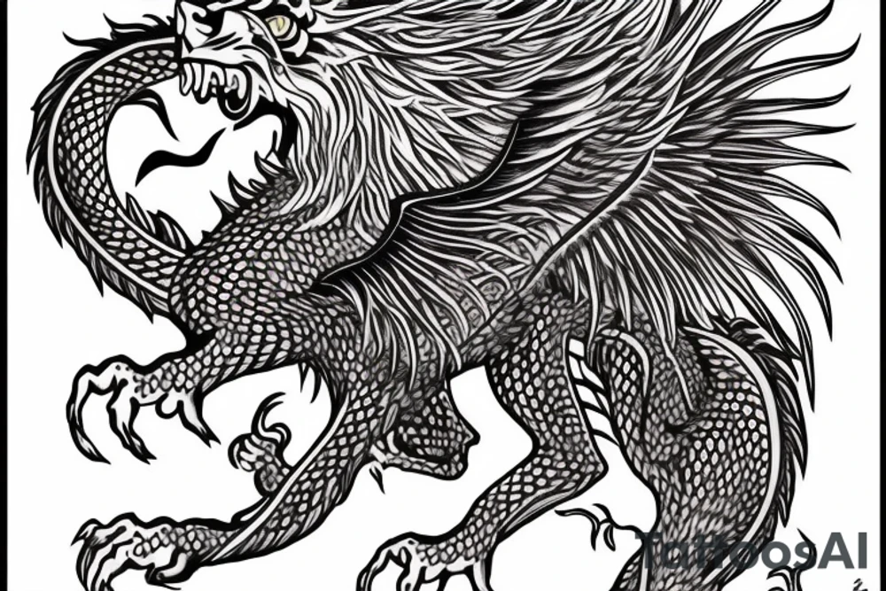 tottem pole shape
dragon and lion
lions mane
dragon teeth
abstract negative space
divinely illuminated
full colour
wings
dark tattoo idea