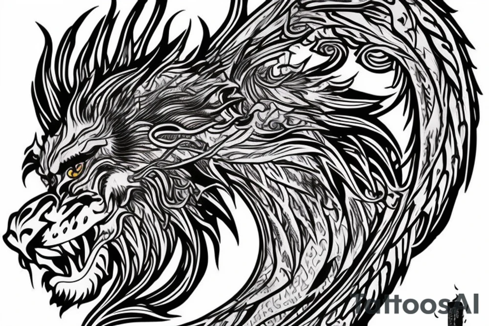 tottem pole shape
dragon and lion
lions mane
dragon teeth
abstract negative space
divinely illuminated
full colour
wings
dark tattoo idea
