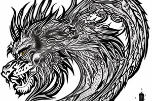 tottem pole shape
dragon and lion
lions mane
dragon teeth
abstract negative space
divinely illuminated
full colour
wings
dark tattoo idea