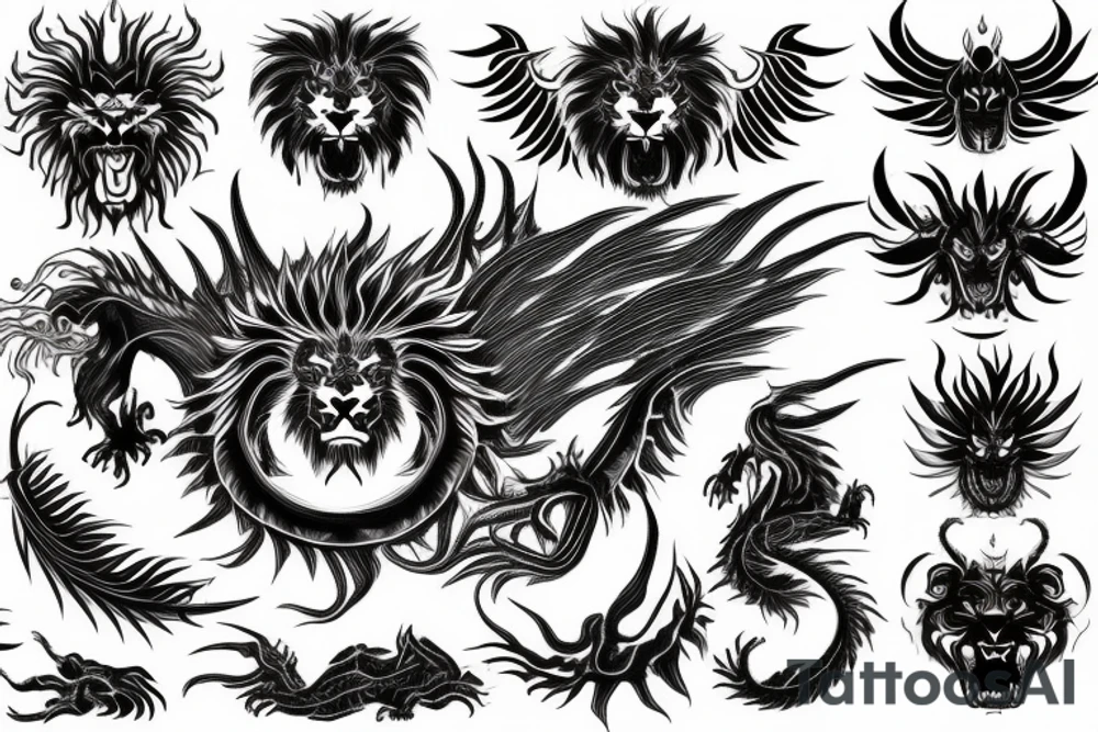 tottem pole shape
dragon and lion
lions mane
dragon teeth
abstract negative space
divinely illuminated
full colour
wings
dark tattoo idea