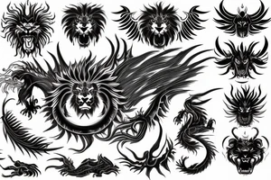 tottem pole shape
dragon and lion
lions mane
dragon teeth
abstract negative space
divinely illuminated
full colour
wings
dark tattoo idea