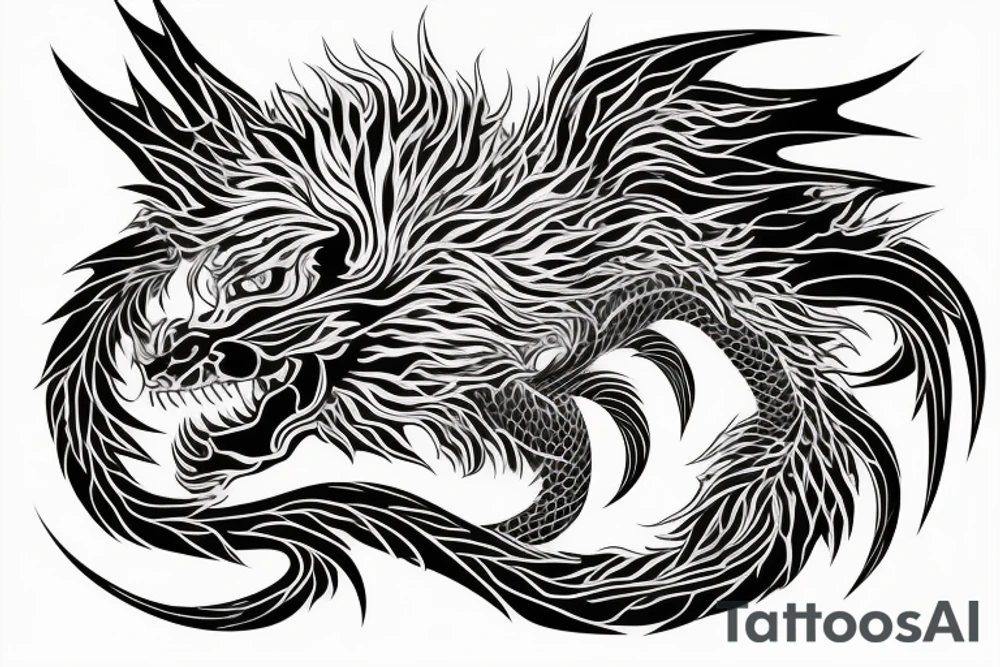 tottem pole shape
dragon and lion
lions mane
dragon teeth
abstract negative space
divinely illuminated
full colour
wings
dark tattoo idea