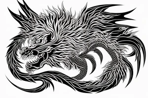 tottem pole shape
dragon and lion
lions mane
dragon teeth
abstract negative space
divinely illuminated
full colour
wings
dark tattoo idea