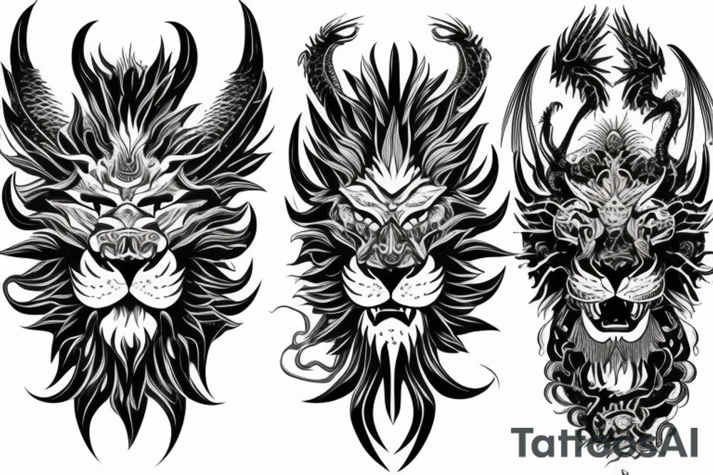tottem pole shape
dragon and lion
lions mane
dragon teeth
abstract negative space
divinely illuminated
full colour
wings
dark tattoo idea
