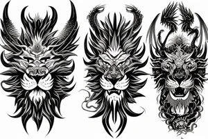 tottem pole shape
dragon and lion
lions mane
dragon teeth
abstract negative space
divinely illuminated
full colour
wings
dark tattoo idea