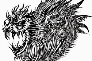 tottem pole shape
dragon and lion
lions mane
dragon teeth
abstract negative space
divinely illuminated
full colour
wings
dark tattoo idea