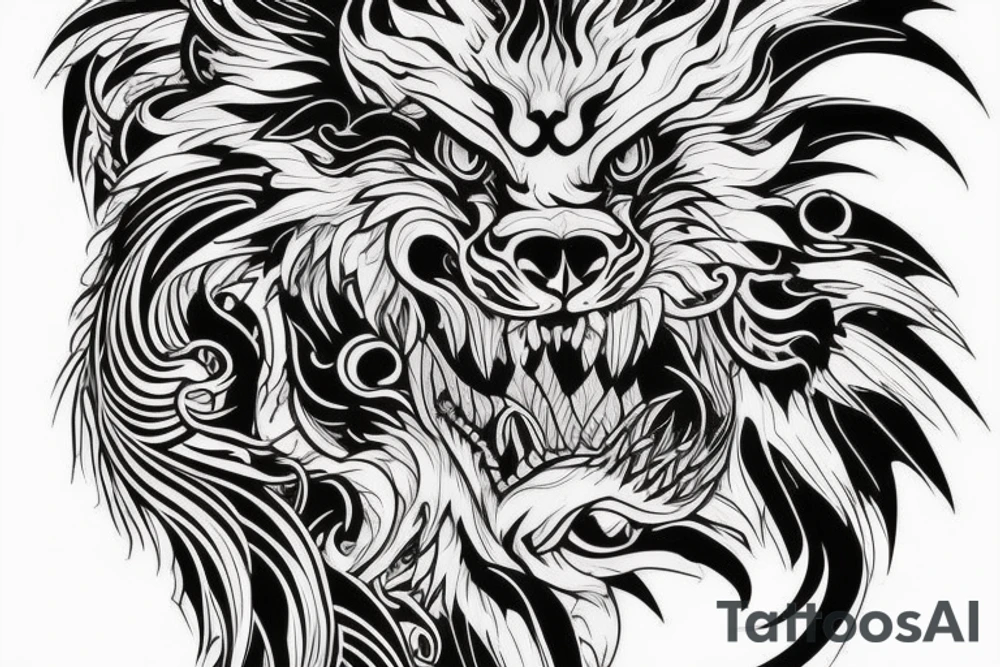 tottem pole shape
dragon and lion
silky lions mane
dragon teeth
abstract negative space
divinely illuminated
full colour
wings
dark tattoo idea