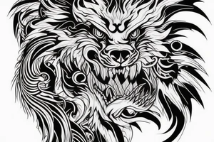 tottem pole shape
dragon and lion
silky lions mane
dragon teeth
abstract negative space
divinely illuminated
full colour
wings
dark tattoo idea