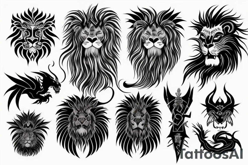 tottem pole shape
dragon and lion
silky lions mane
dragon teeth
abstract negative space
divinely illuminated
full colour
wings
dark tattoo idea