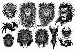 tottem pole shape
dragon and lion
silky lions mane
dragon teeth
abstract negative space
divinely illuminated
full colour
wings
dark tattoo idea