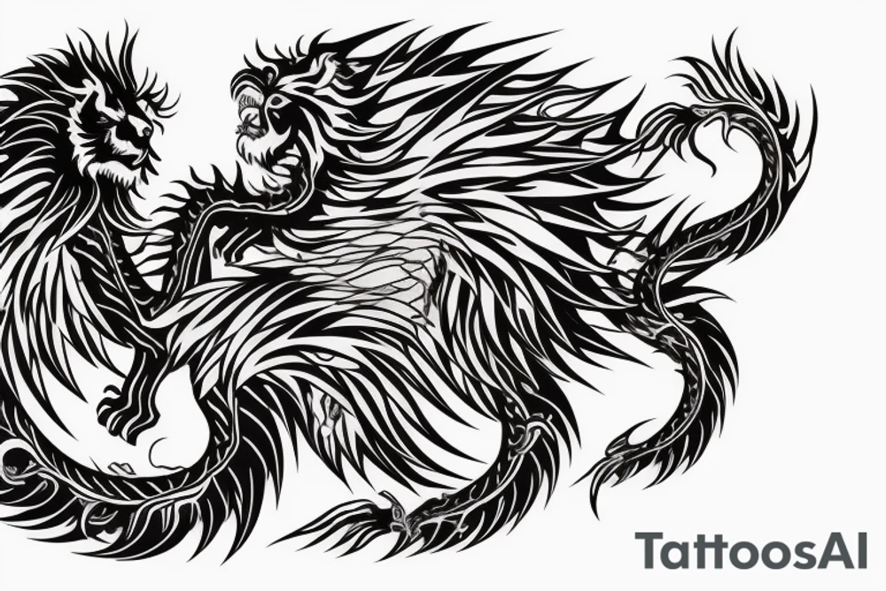 tottem pole shape
dragon and lion
silky lions mane
dragon teeth
abstract negative space
divinely illuminated
full colour
wings
dark tattoo idea