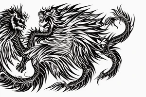 tottem pole shape
dragon and lion
silky lions mane
dragon teeth
abstract negative space
divinely illuminated
full colour
wings
dark tattoo idea