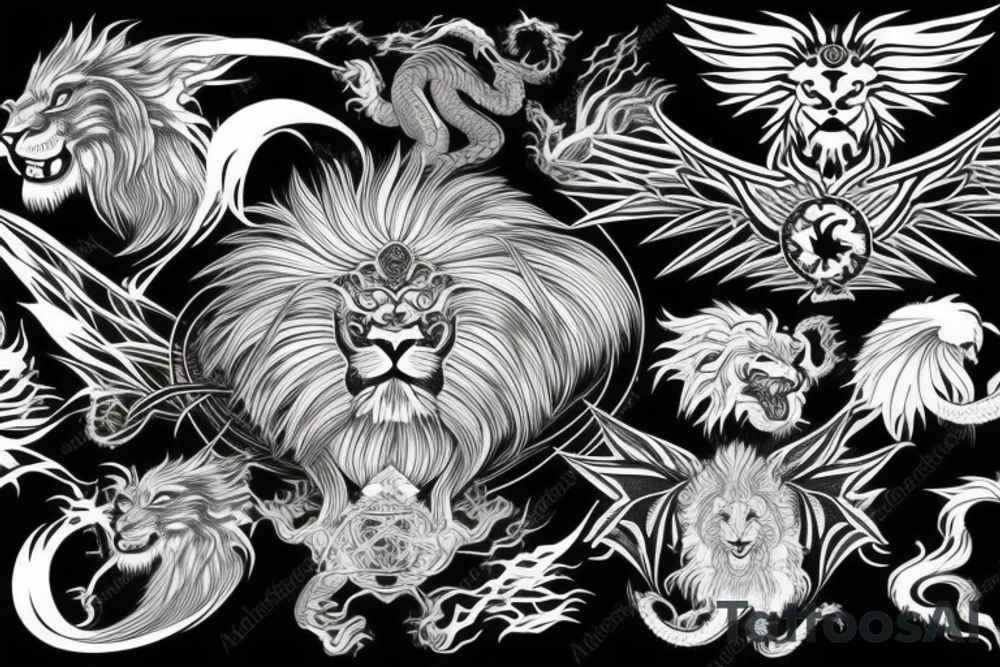 tottem pole shape
dragon and lion
silky lions mane
dragon teeth
abstract negative space
divinely illuminated
full colour
wings
dark tattoo idea