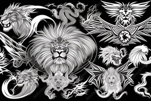 tottem pole shape
dragon and lion
silky lions mane
dragon teeth
abstract negative space
divinely illuminated
full colour
wings
dark tattoo idea