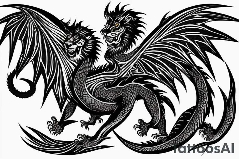 tottem pole shape
dragon and lion
silky lions mane
dragon teeth
abstract negative space
divinely illuminated
full colour
wings
dark tattoo idea