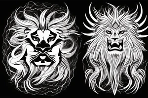 tottem pole shape
dragon and lion
silky lions mane
dragon teeth
abstract negative space
divinely illuminated
full colour
wings
dark tattoo idea