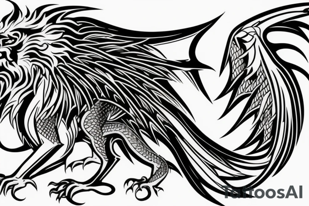 tottem pole shape
dragon and lion
lions mane
dragon wings
abstract negative space
divinely illuminated
full colour
dark tattoo idea