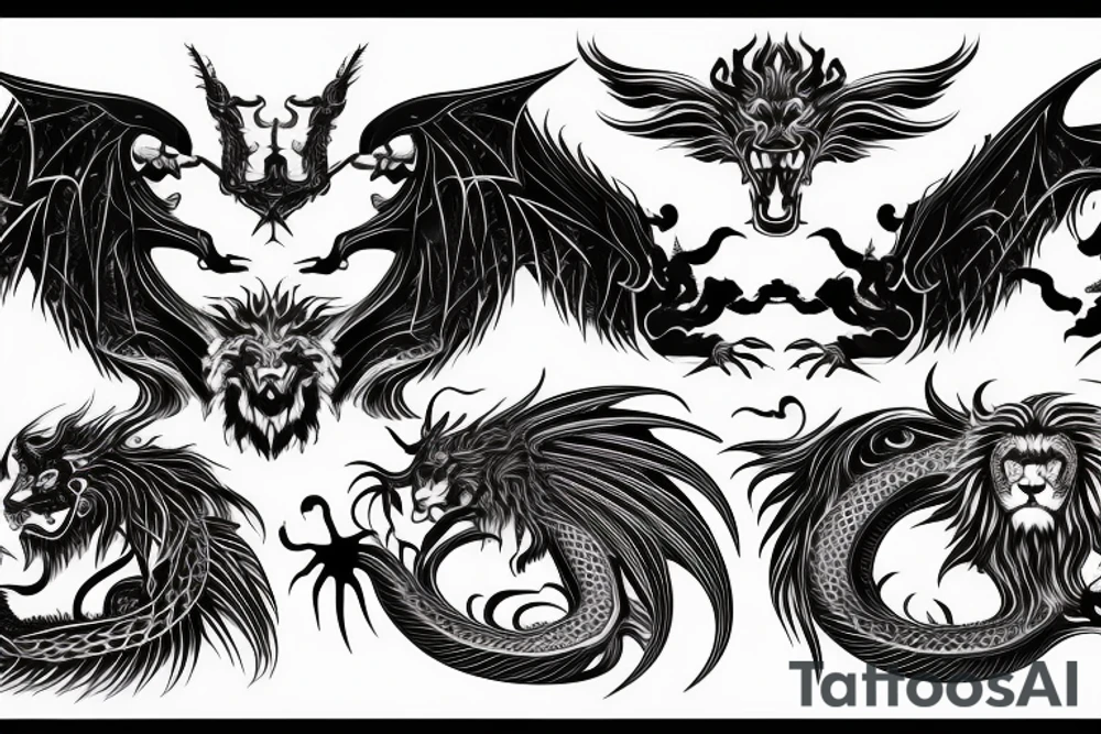 tottem pole shape
dragon and lion
lions mane
dragon wings
abstract negative space
divinely illuminated
full colour
dark tattoo idea