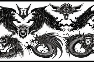 tottem pole shape
dragon and lion
lions mane
dragon wings
abstract negative space
divinely illuminated
full colour
dark tattoo idea