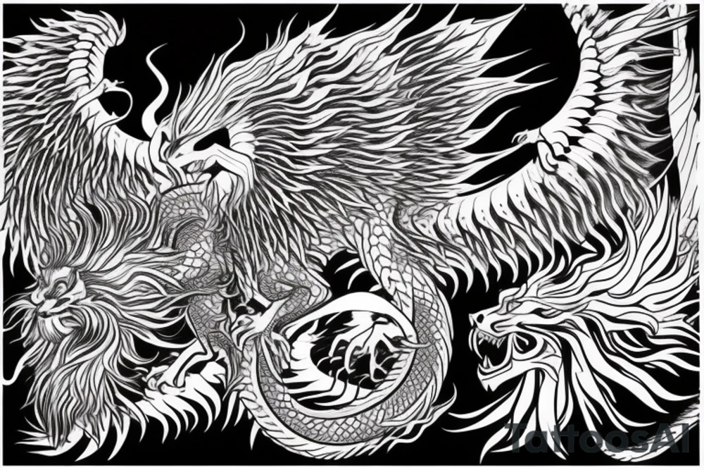 tottem pole shape
dragon and lion
lions mane
dragon wings
abstract negative space
divinely illuminated
full colour
dark tattoo idea