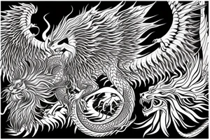 tottem pole shape
dragon and lion
lions mane
dragon wings
abstract negative space
divinely illuminated
full colour
dark tattoo idea