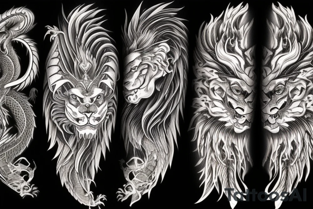 tottem pole shape
dragon and lion
lions mane
dragon wings
abstract negative space
divinely illuminated
full colour
dark tattoo idea