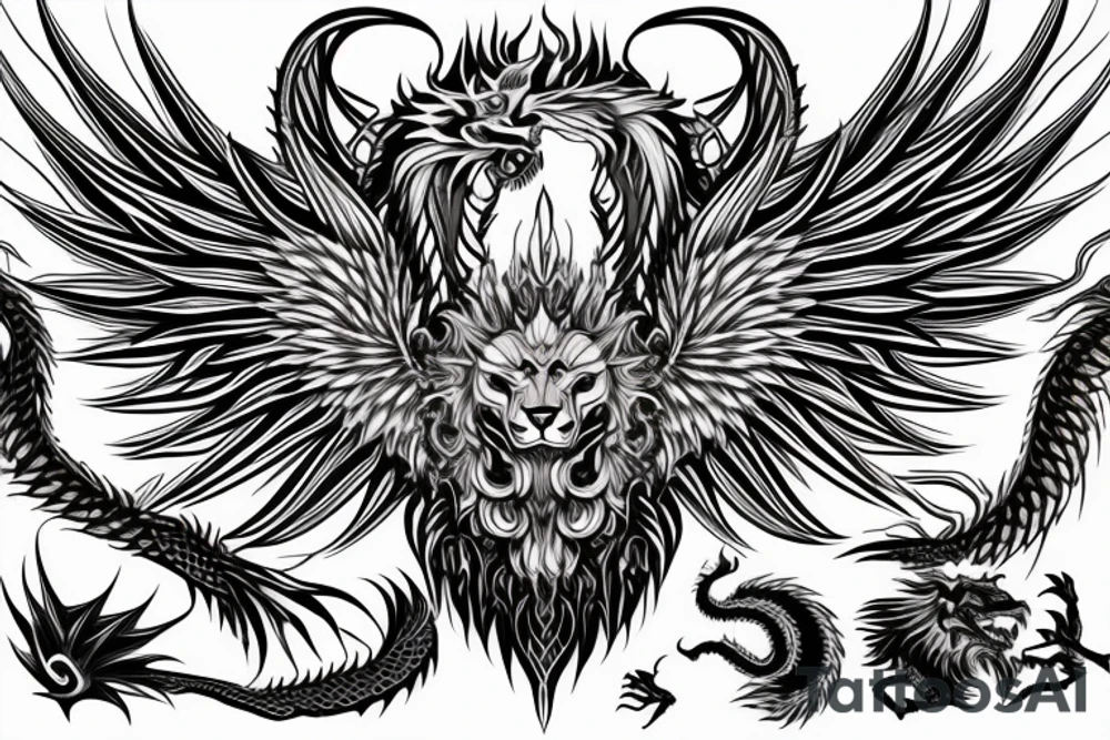 tottem pole shape
dragon and lion
lions mane
dragon wings
abstract negative space
divinely illuminated
full colour
dark tattoo idea