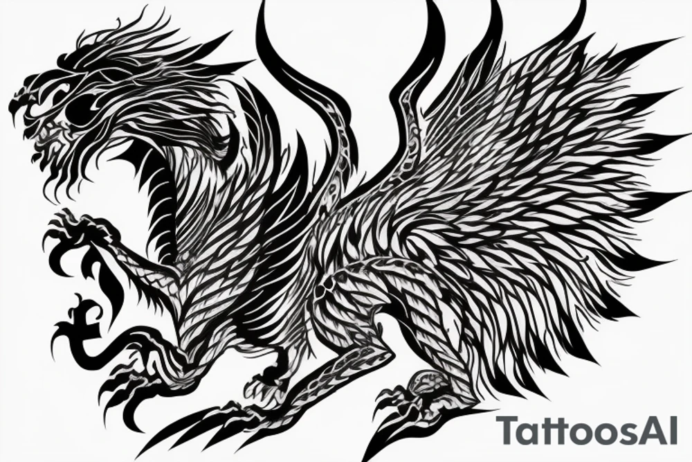 tottem pole shape
dragon and lion
lions mane
dragon wings
abstract negative space
divinely illuminated
full colour
dark tattoo idea