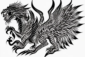 tottem pole shape
dragon and lion
lions mane
dragon wings
abstract negative space
divinely illuminated
full colour
dark tattoo idea