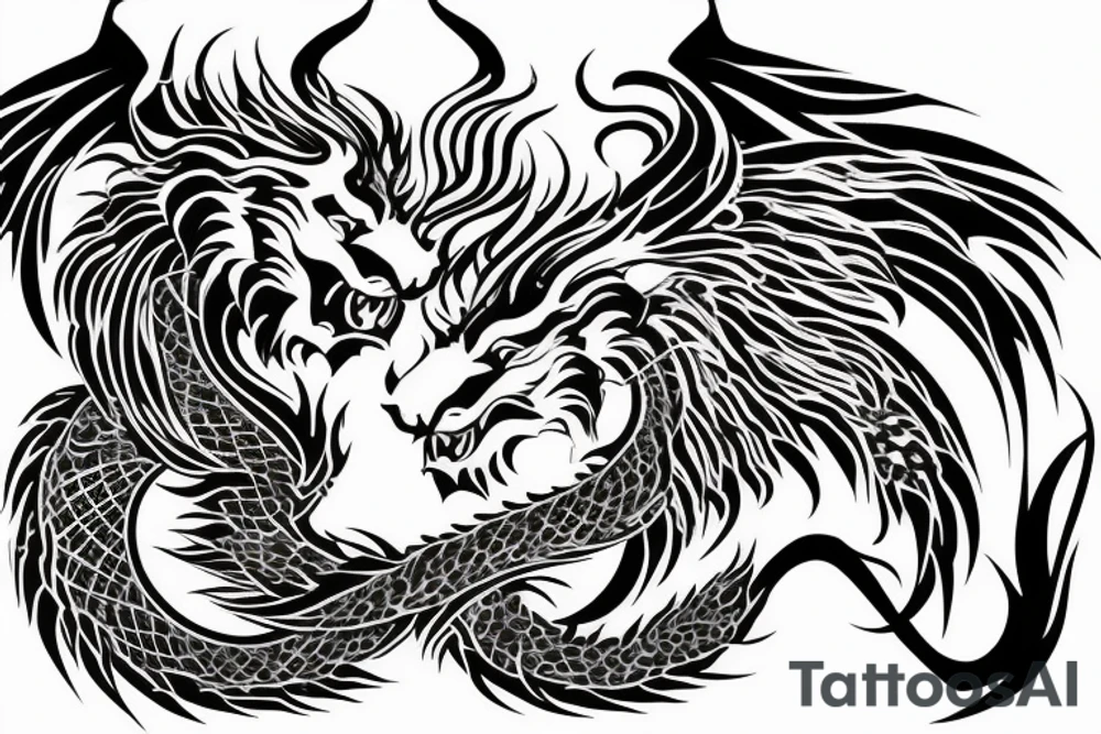 tottem pole shape
dragon and lion
lions mane
dragon wings
abstract negative space
divinely illuminated
full colour
dark tattoo idea
