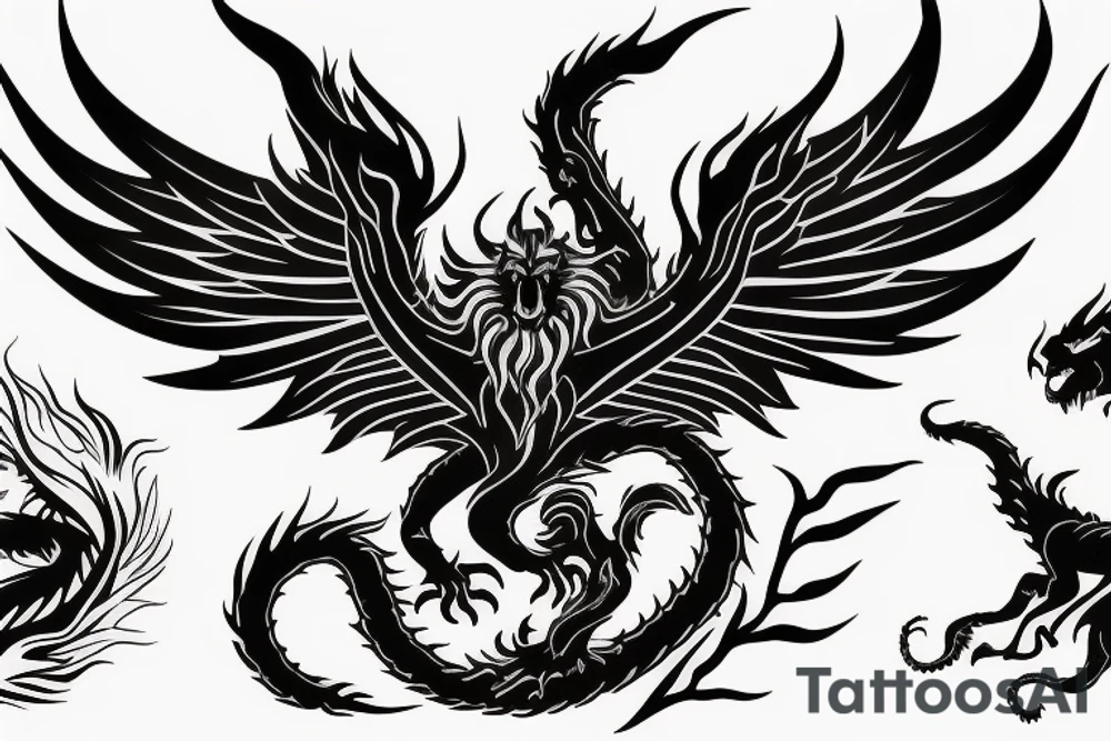 tottem pole shape
dragon and lion
lions mane
dragon wings
abstract negative space
divinely illuminated
full colour
dark tattoo idea