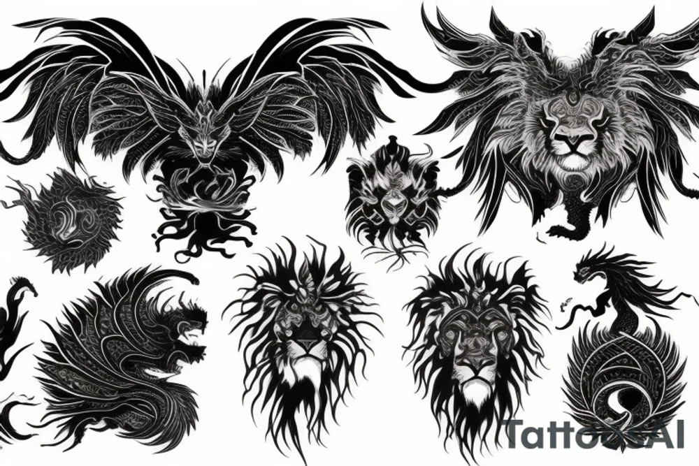 vertical
dragon and lion
lions mane
dragon wings
abstract negative space
divinely illuminated
full colour
dark tattoo idea