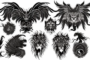 vertical
dragon and lion
lions mane
dragon wings
abstract negative space
divinely illuminated
full colour
dark tattoo idea