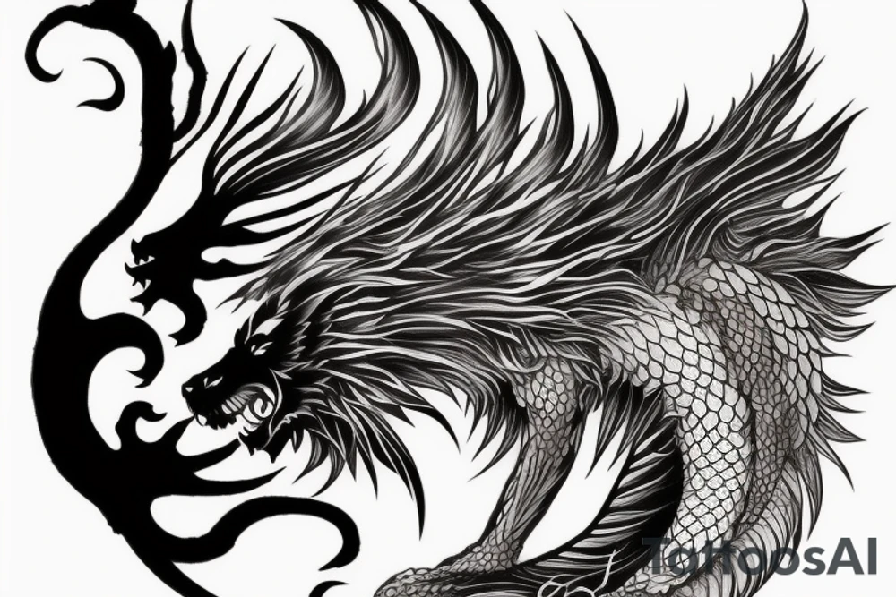 vertical
dragon and lion
lions mane
dragon wings
abstract negative space
divinely illuminated
full colour
dark tattoo idea