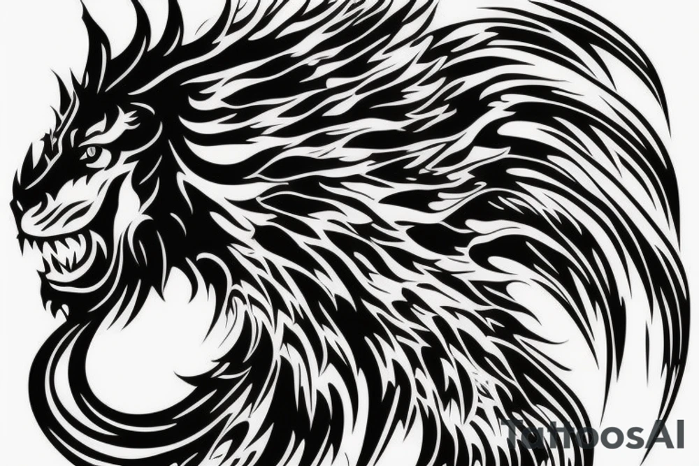 vertical
dragon and lion
lions mane
dragon wings
abstract negative space
divinely illuminated
full colour
dark tattoo idea