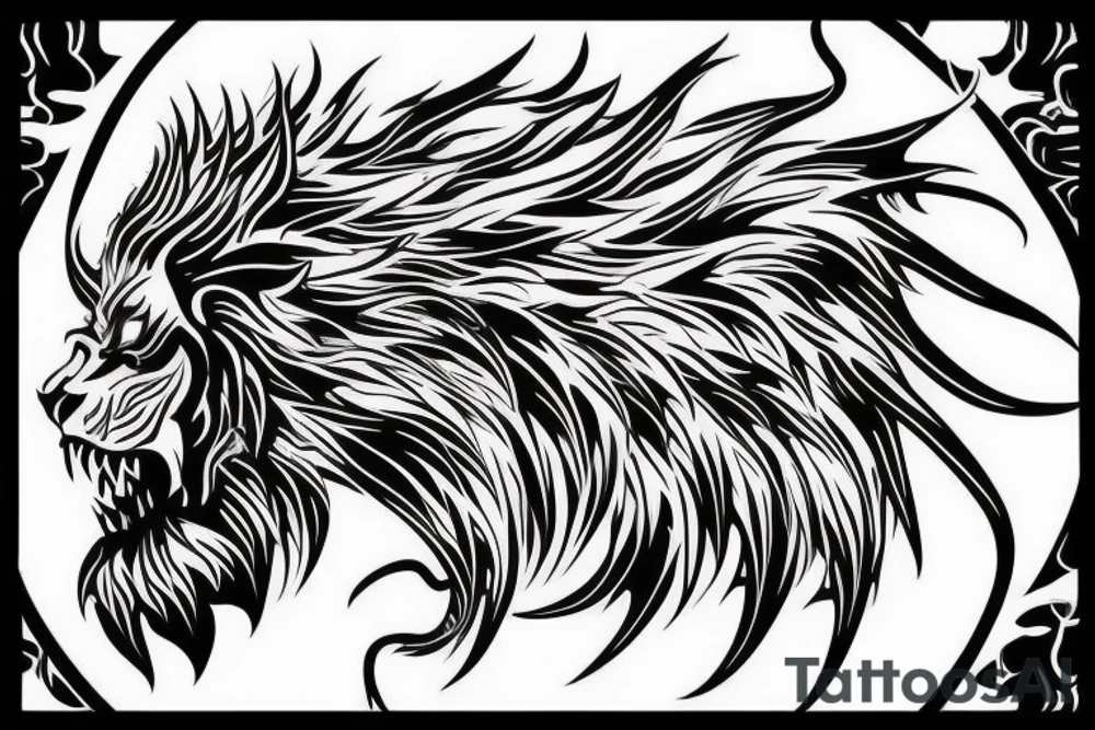vertical
dragon and lion
lions mane
dragon wings
abstract negative space
divinely illuminated
full colour
dark tattoo idea
