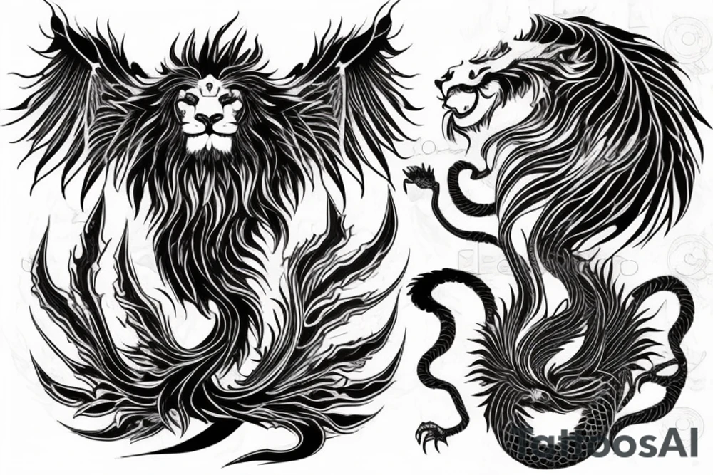 vertical
dragon and lion
lions mane
dragon wings
abstract negative space
divinely illuminated
full colour
dark tattoo idea