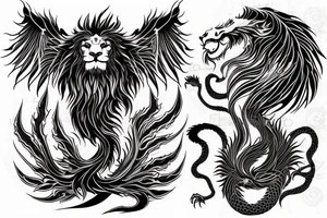 vertical
dragon and lion
lions mane
dragon wings
abstract negative space
divinely illuminated
full colour
dark tattoo idea