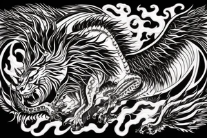 vertical
dragon and lion
lions mane
dragon wings
Dragons claws
abstract negative space
divinely illuminated
full colour
dark tattoo idea