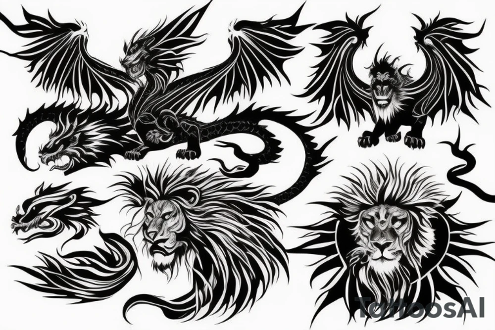vertical
dragon and lion
lions mane
dragon wings
Dragons claws
abstract negative space
divinely illuminated
full colour
dark tattoo idea