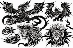 vertical
dragon and lion
lions mane
dragon wings
Dragons claws
abstract negative space
divinely illuminated
full colour
dark tattoo idea