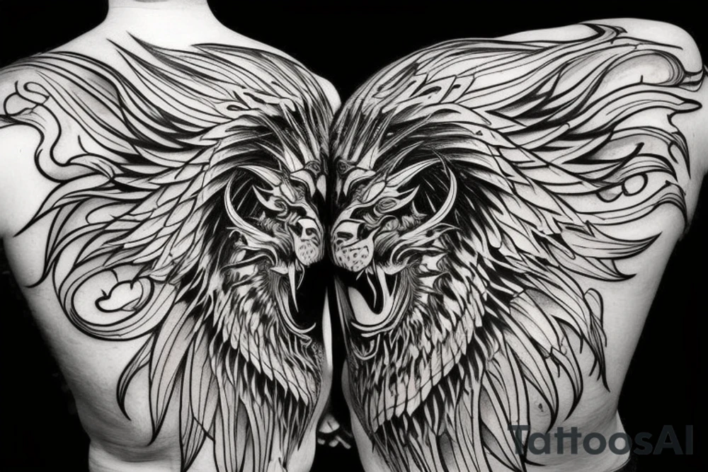 vertical
dragon and lion
lions mane
dragon wings
Dragons claws
abstract negative space
divinely illuminated
full colour
dark tattoo idea