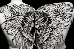 vertical
dragon and lion
lions mane
dragon wings
Dragons claws
abstract negative space
divinely illuminated
full colour
dark tattoo idea