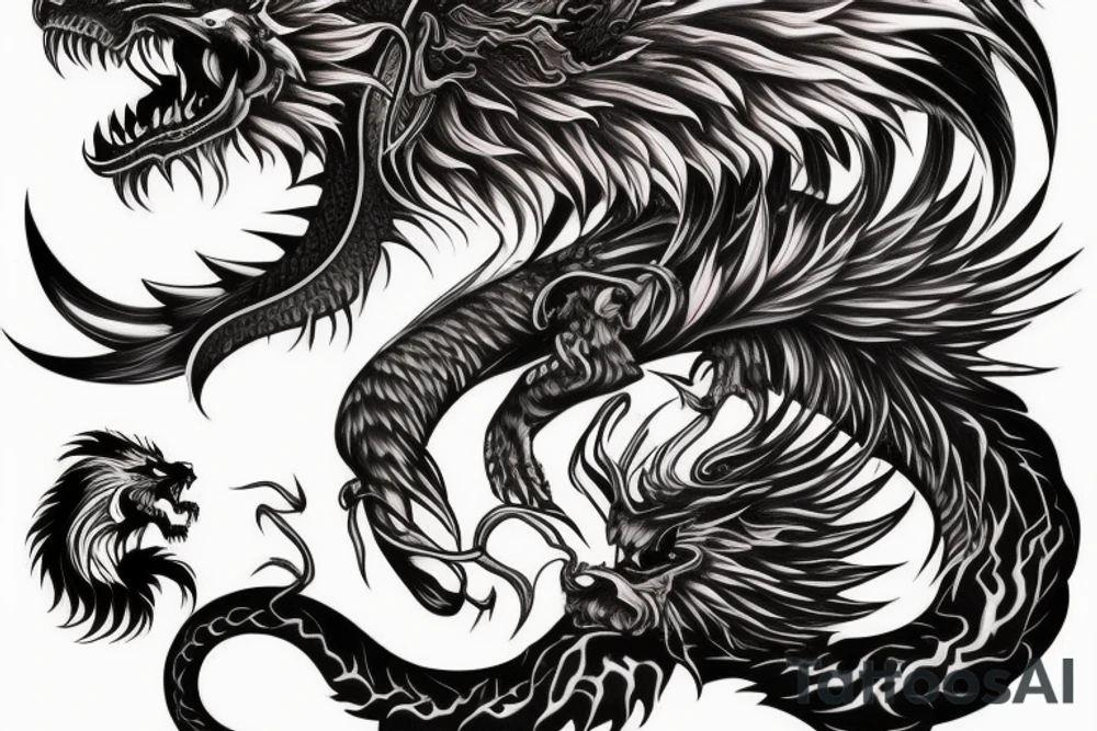 vertical
dragon and lion
lions mane
dragon wings
Dragons claws
abstract negative space
divinely illuminated
full colour
dark tattoo idea