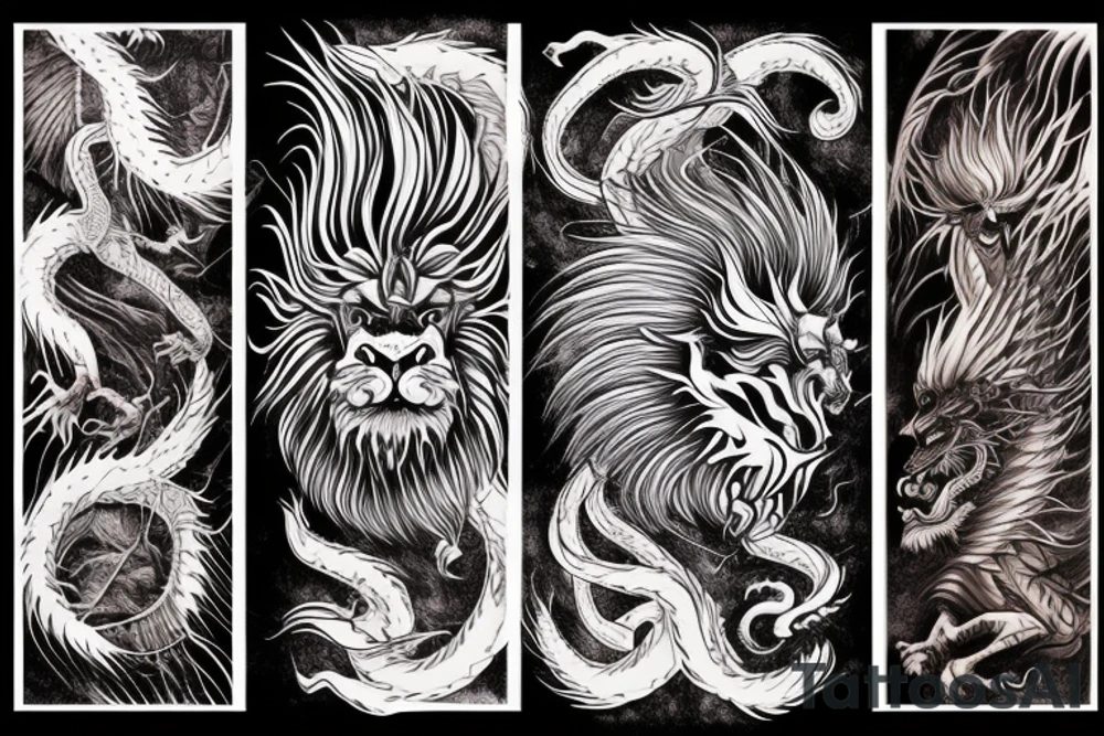 vertical
dragon and lion
lions mane
dragon wings
Dragons claws
abstract negative space
divinely illuminated
full colour
dark tattoo idea