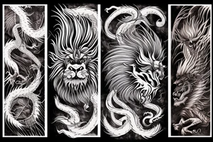 vertical
dragon and lion
lions mane
dragon wings
Dragons claws
abstract negative space
divinely illuminated
full colour
dark tattoo idea