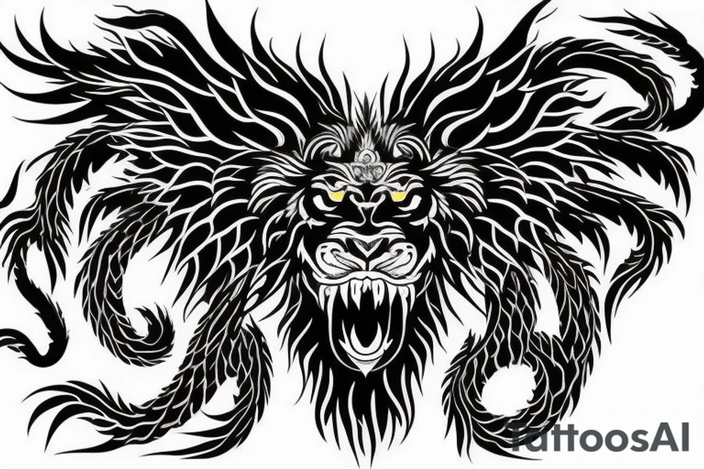 vertical
dragon and lion
lions mane
dragon wings
Dragons claws
abstract negative space
divinely illuminated
full colour
dark tattoo idea