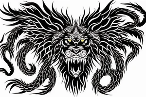 vertical
dragon and lion
lions mane
dragon wings
Dragons claws
abstract negative space
divinely illuminated
full colour
dark tattoo idea