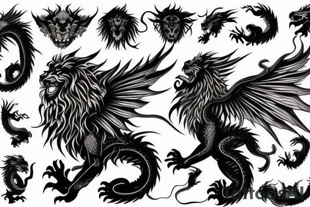vertical
dragon and lion
lions mane
dragon wings
Dragons claws
abstract negative space
divinely illuminated
full colour
dark tattoo idea