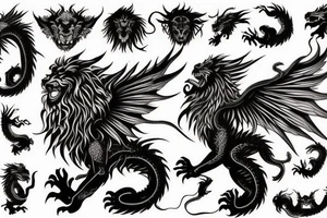 vertical
dragon and lion
lions mane
dragon wings
Dragons claws
abstract negative space
divinely illuminated
full colour
dark tattoo idea